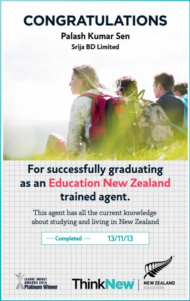 Education New Zealand Trained Agent certificate for Palash Kumar Sen, Srija BD Limited, completed 13 November 2013
